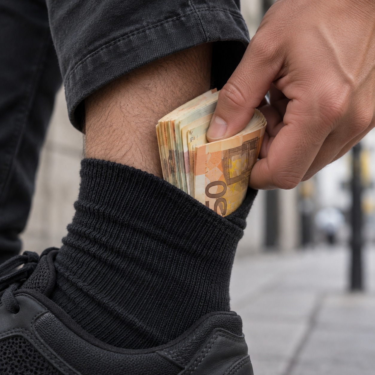 Primer plano de un calcetín negro con un fajo de billetes en euros