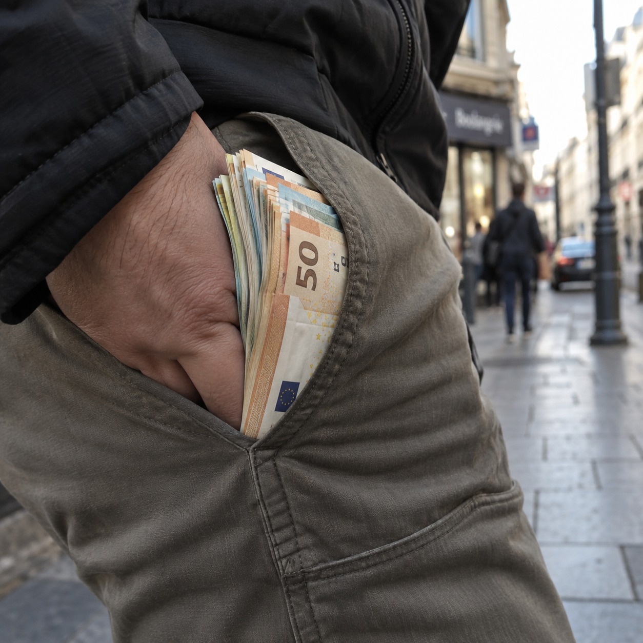 Mano sujetando billetes en un bolsillo lateral durante un paseo urbano